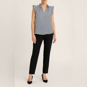 Nanette Lepore Blue White Geometric Print Ruffle Sleeve Blouse Top Size L